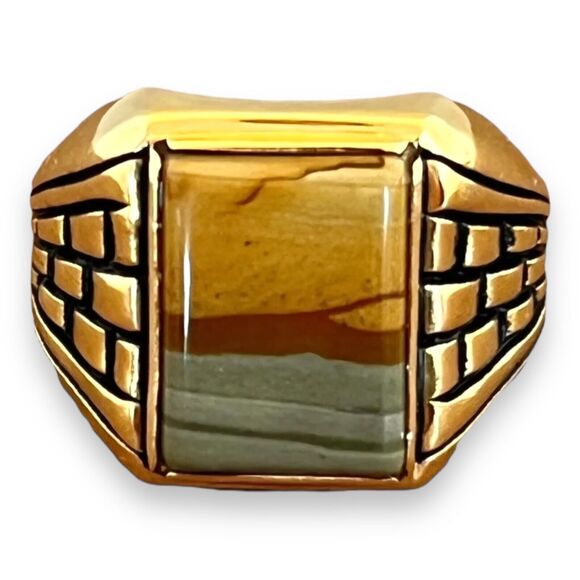 Vintage Clark and Coombs Ring Size 10 Jasper 18K Gold Plate Mid-Century MCM 14A - Picture 4 of 12